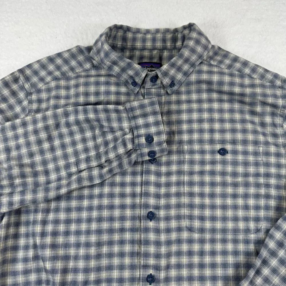 Patagonia Shirt Mens Size L Blue Check Organic Cotton Flannel Button Up Casual
